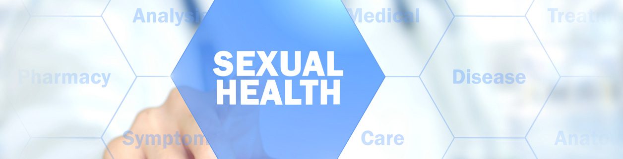 A blue and white graphic with the words sexual health