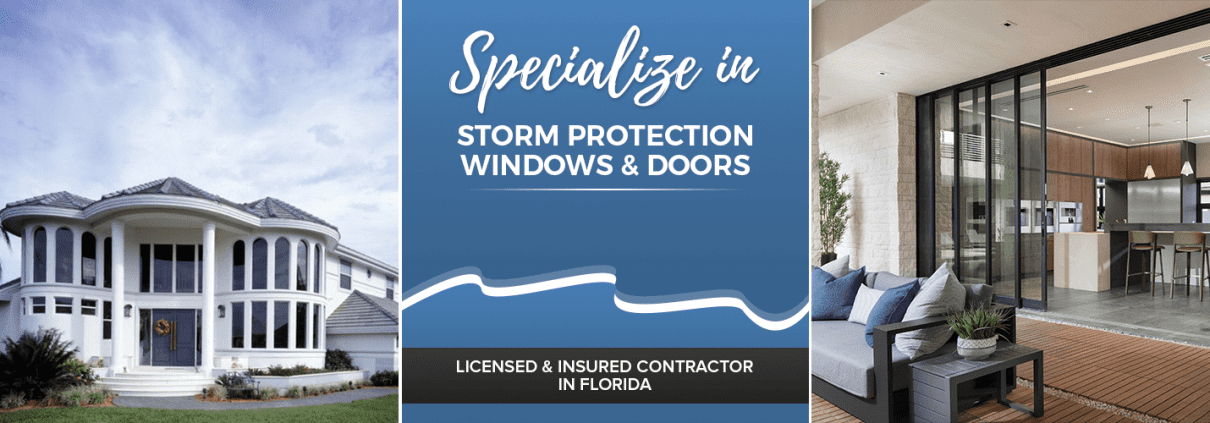 A blue and white poster with the words " specialize in storm protection windows & doors ".