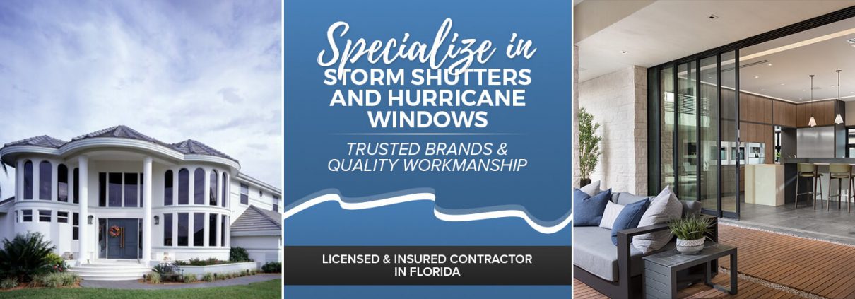 A blue and white poster with the words " specialize in storm shutters and hurricane windows ".